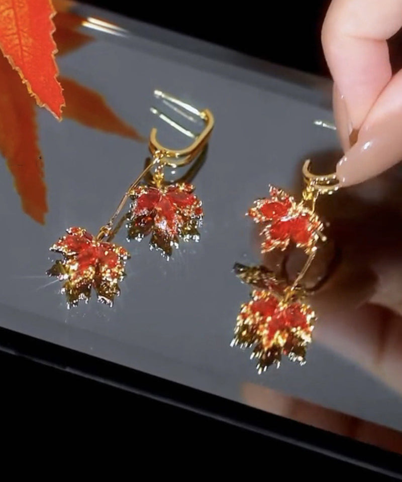 Modern Red Copper Overgild Maple Leaves Tassel Drop Earrings