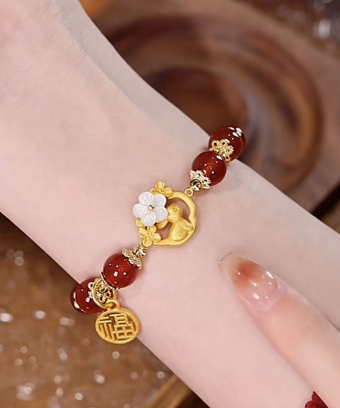 Modern Red Sterling Silver Inlaid Agate Jade Rabbit Chain Bracelet