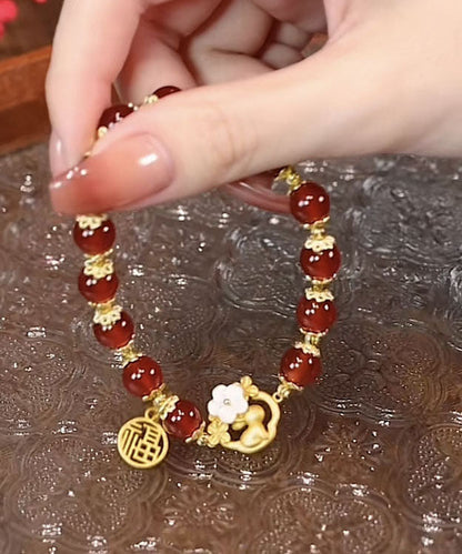 Modern Red Sterling Silver Inlaid Agate Jade Rabbit Chain Bracelet