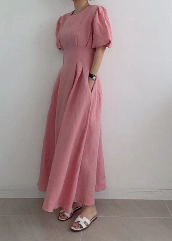 Modern Rose Cinched Wrinkled Linen Long Dress Puff Sleeve Ly1369