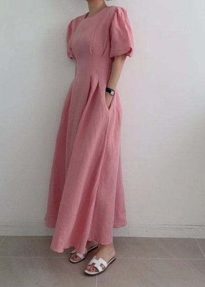 Modern Rose Cinched Wrinkled Linen Long Dress Puff Sleeve Ly1369
