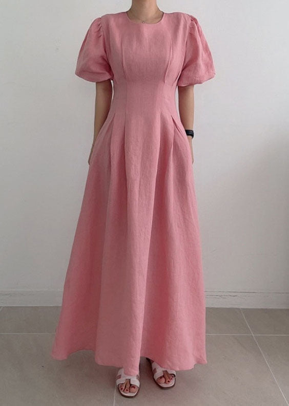 Modern Rose Cinched Wrinkled Linen Long Dress Puff Sleeve Ly1369