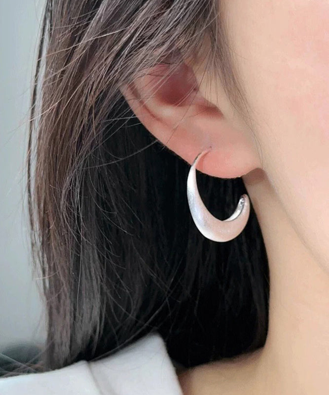 Modern Silk Sterling Silver Crescent Moon Hoop Earrings