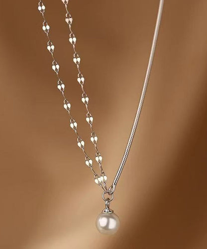 Modern Silk Sterling Silver Double Layer Pearl Pendant Necklace Ra012
