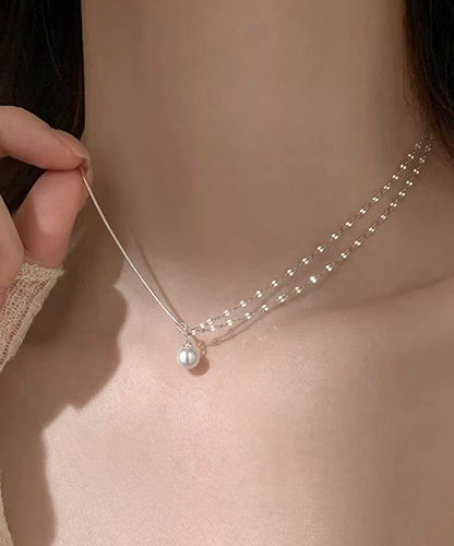 Modern Silk Sterling Silver Double Layer Pearl Pendant Necklace Ra012