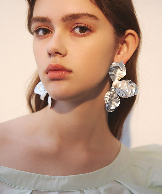 Modern Silvery Big Leaf Shaped Metal Drop Earrings