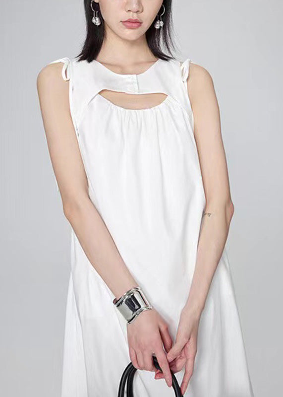 Modern White O-neck Wrinkled Lace Tie Long Dresses Summer Uu1042