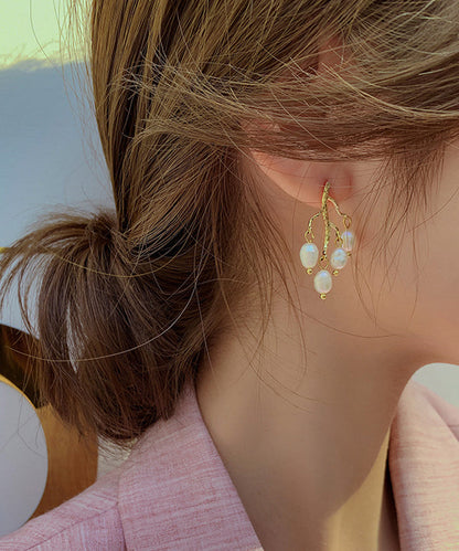 Modern White Sterling Silver Overgild Inlaid Pearl Branch Shaped Hoop Earrings Ly1805