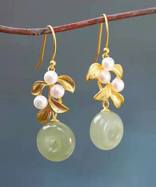 Modern White Sterling Silver Overgild Inlaid Pearl Jade Drop Earrings Tw1013