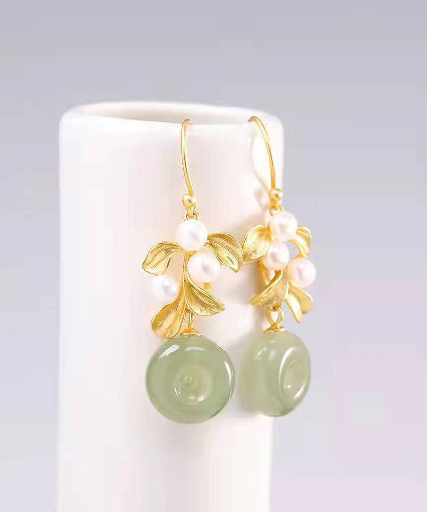 Modern White Sterling Silver Overgild Inlaid Pearl Jade Drop Earrings Tw1013