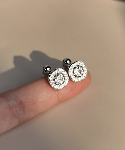 Modern White Sterling Silver Square Zircon Stud Earrings