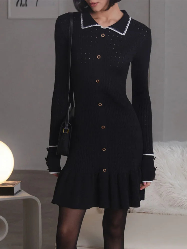 Autumn Long Sleeve Knit Dress for Lapel Single-btrasted Button High Waist Ruffled Mini Dress Knitwear