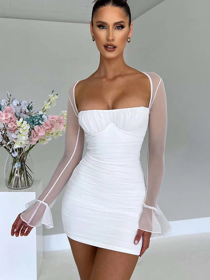 Backless Mini Dress for Robe Two Layer Mesh Full Sleeve Zipper Bodycon Party Short Dress Vestido