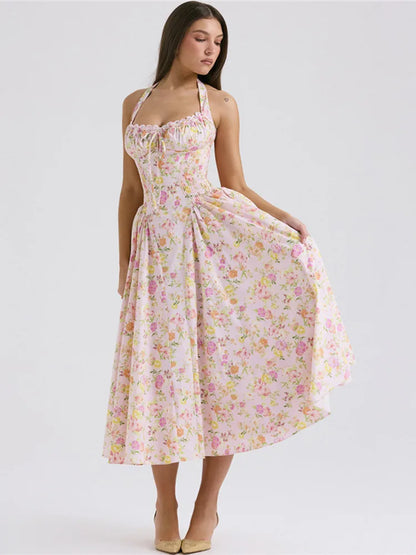 Print A-line Midi Dress for Halter Sleeveless Backless Loose Printed Long Dress New