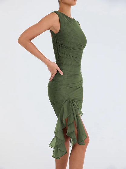 Mozision Irregular Backless Ruffle Midi Dress