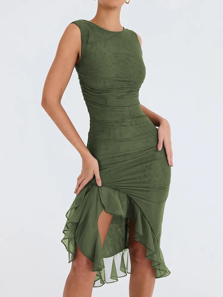 Mozision Irregular Backless Ruffle Midi Dress