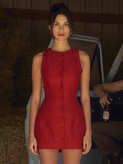 Sleeveless Mini Dress for New O Neck Single-btrasted Bodycon Club Party Tank Dress Femme Clothes