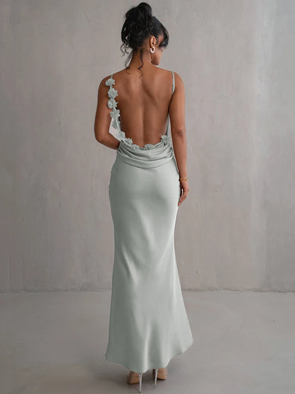 Draped Backless Maxi Long Dress for Spaghetti Strap Sleeveless Bodycon Evening Party Dress