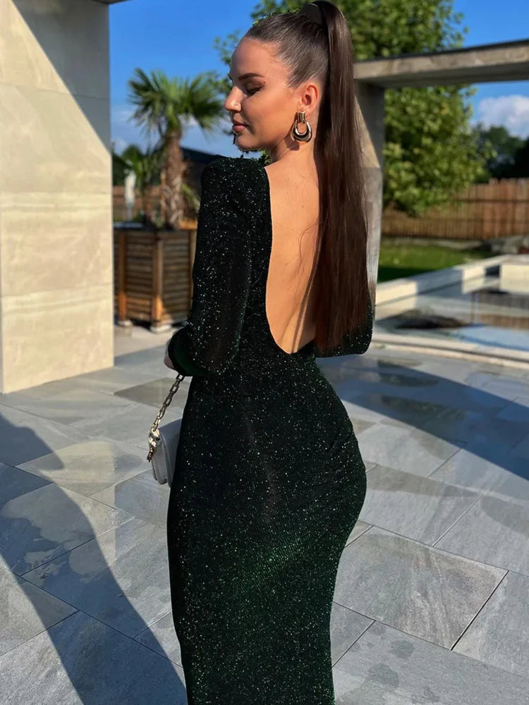 Glitter Backless Ruched Midi Dress for Robe New Full Sleeve Bodycon Shiny Party Long Dress Vestido