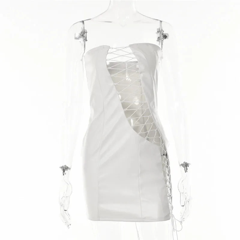 Pu Leather Strapless Sleeveless Mini Dress Cut Out Dresses