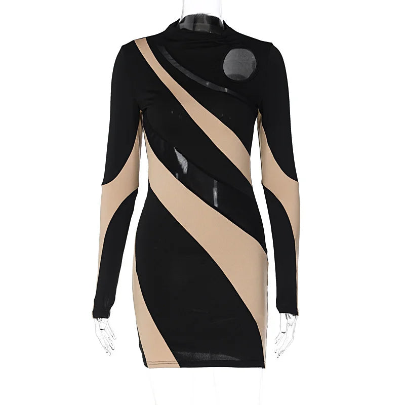 Patchwork Contrast Color O Neck Mini Dress Cut Out Dresses
