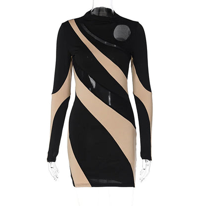 Patchwork Contrast Color O Neck Mini Dress Cut Out Dresses