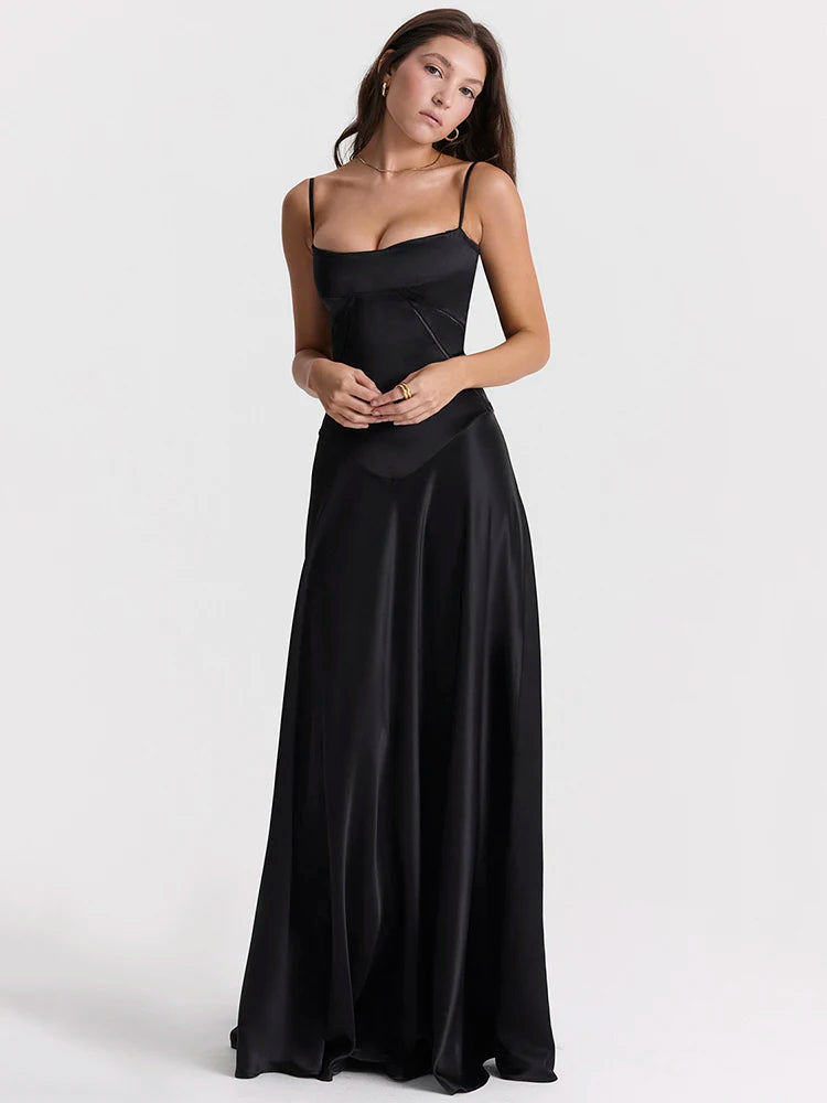 Lace-up Satin Maxi Slipdress Black Spaghetti Strap Sleeveless Backless Maxi Dress Femme Club Party Evening Dress