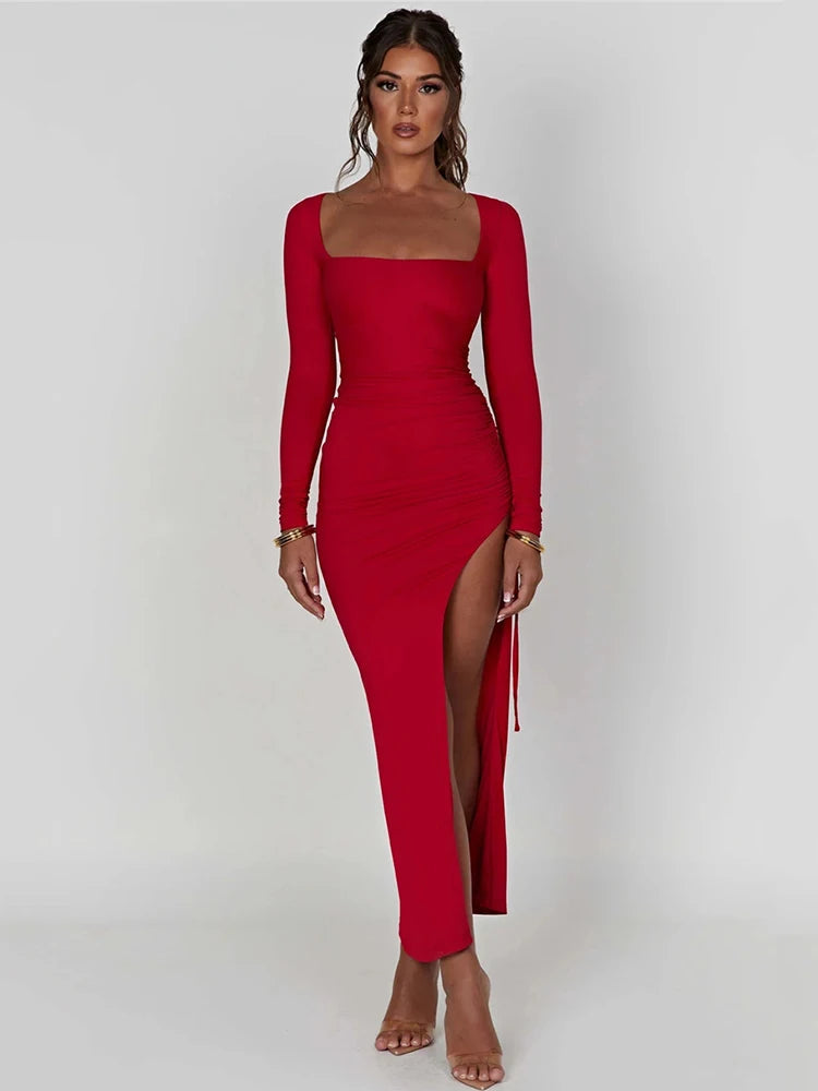 Square Collar Drawstring High Split Maxi Dress Autumn Cut Out Dresses