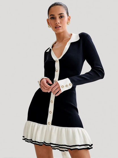 Long Sleeve Ruffled Knit Mini Dress for Autumn New V Neck Pearl Single-breasted Bow Bandage Knitted Dress