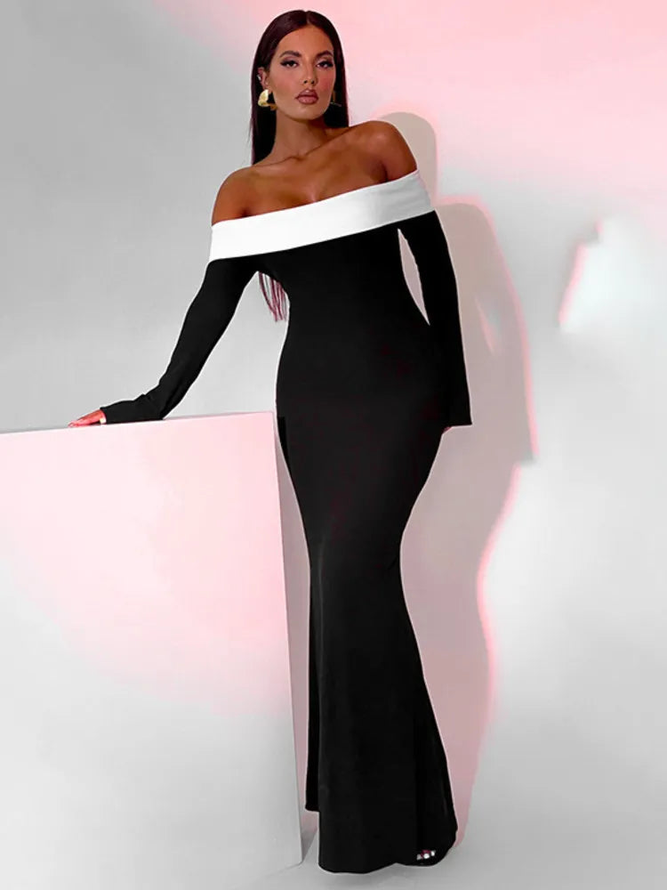 Contrast Color Off-shoulder Backless Maxi Dress