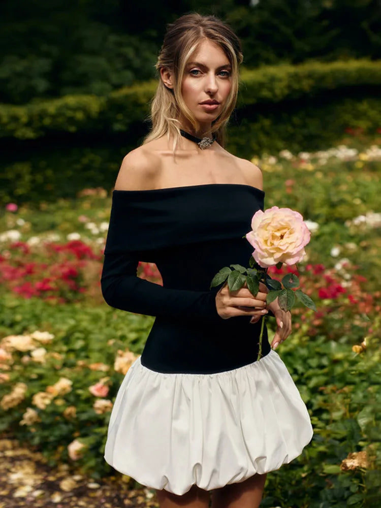 Off-shoulder Long Sleeve Mini Dress for Contrast Color Patchwork Strapless Backless A-line Dress