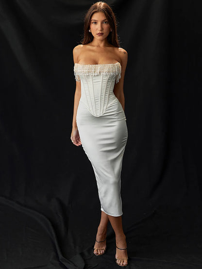 Pearl Tassel Midi Dress for Party Outfits Off-shoulder Strapless Backless Bodycon Club Dress