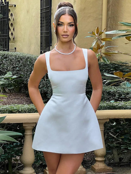 Satin Square Collar Backless Mini Dress for Color Sleeveless A-line Bodycon Club Party Dress