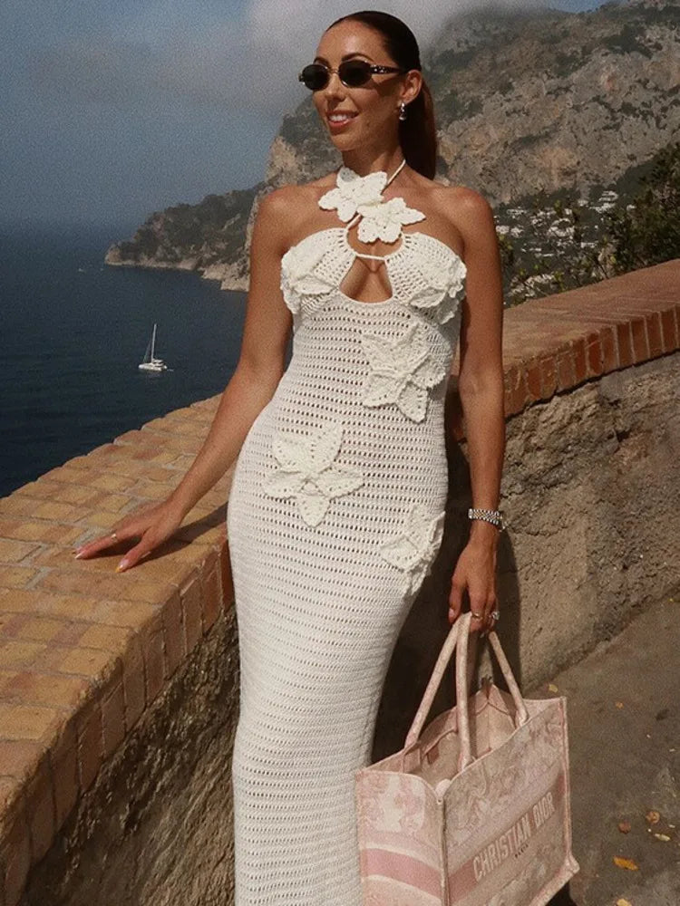 See Through Crochet Knit Maxi Dress for Halter Sleeveless Backless Party Long Dress Beachwear New