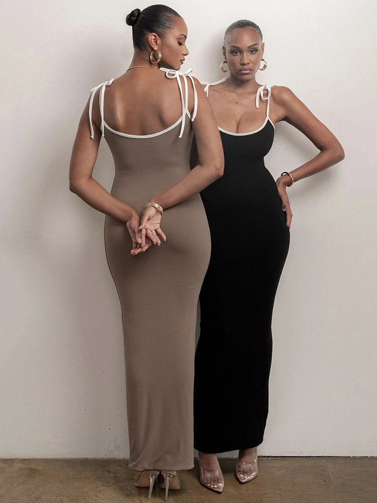 Spaghetti Strap Lace-up Maxi Dress for Gown Sleeveless Backless Bodycon Evening Long Dress