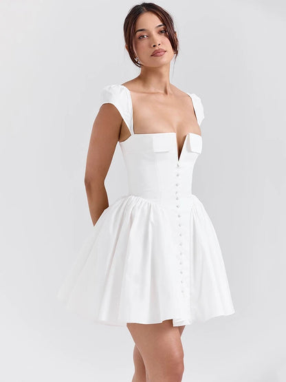 White Backless Mini Dress for Square Collar Short Sleeve High Waist A-line Club Party Dress