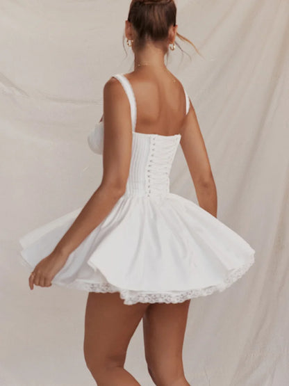 White Lace Backless Mini Dress for Robe Spaghetti Strap Sleeveless A-line Dresses Dress