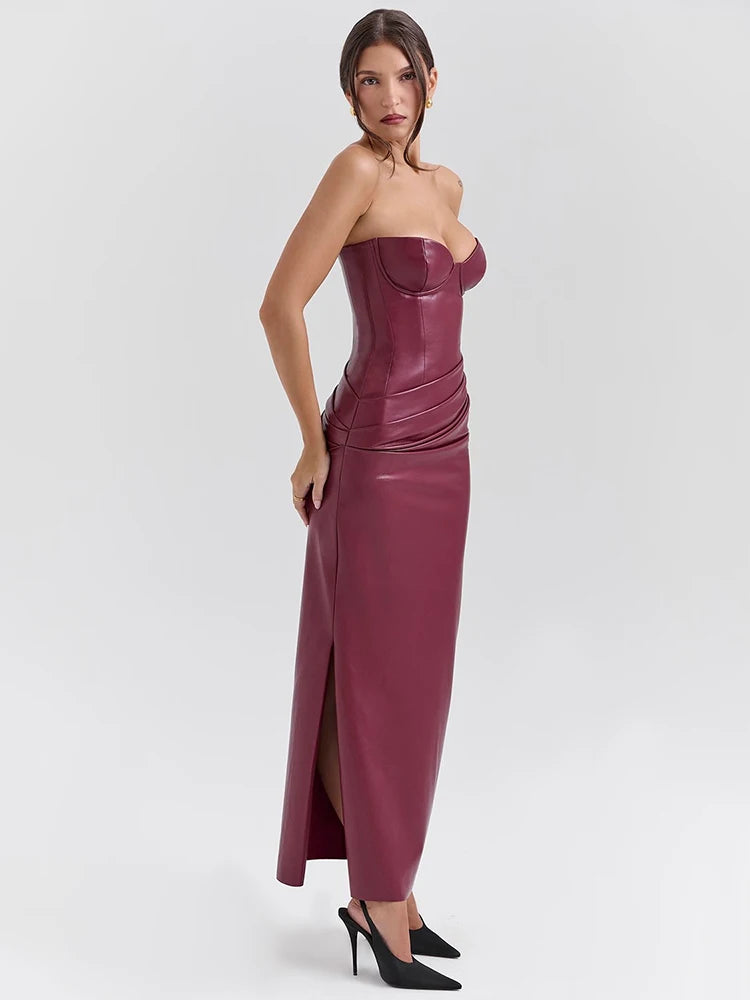 Wine Red Strapless Pu Leather Maxi Dress Off-shoulder Backless Lace-up Bodycon Club Party Long Dress