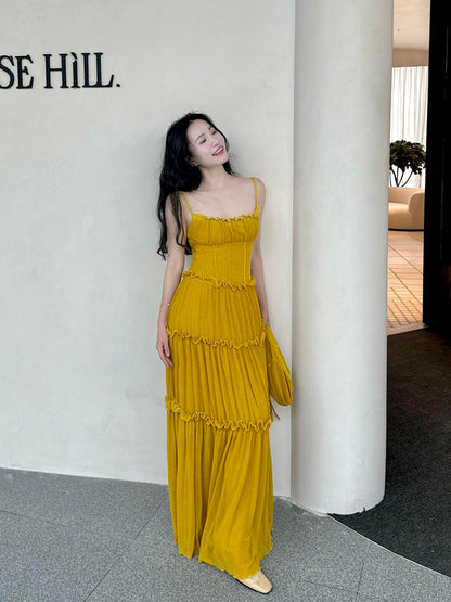 Mustard Yellow Ruched Ruffle Maxi Dress & Bright Summer Statement