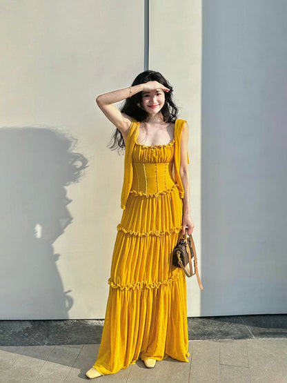 Mustard Yellow Ruched Ruffle Maxi Dress & Bright Summer Statement
