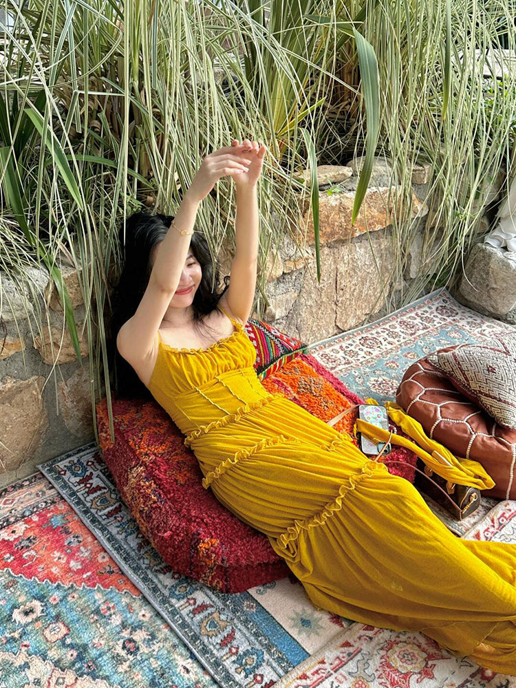 Mustard Yellow Ruched Ruffle Maxi Dress & Bright Summer Statement
