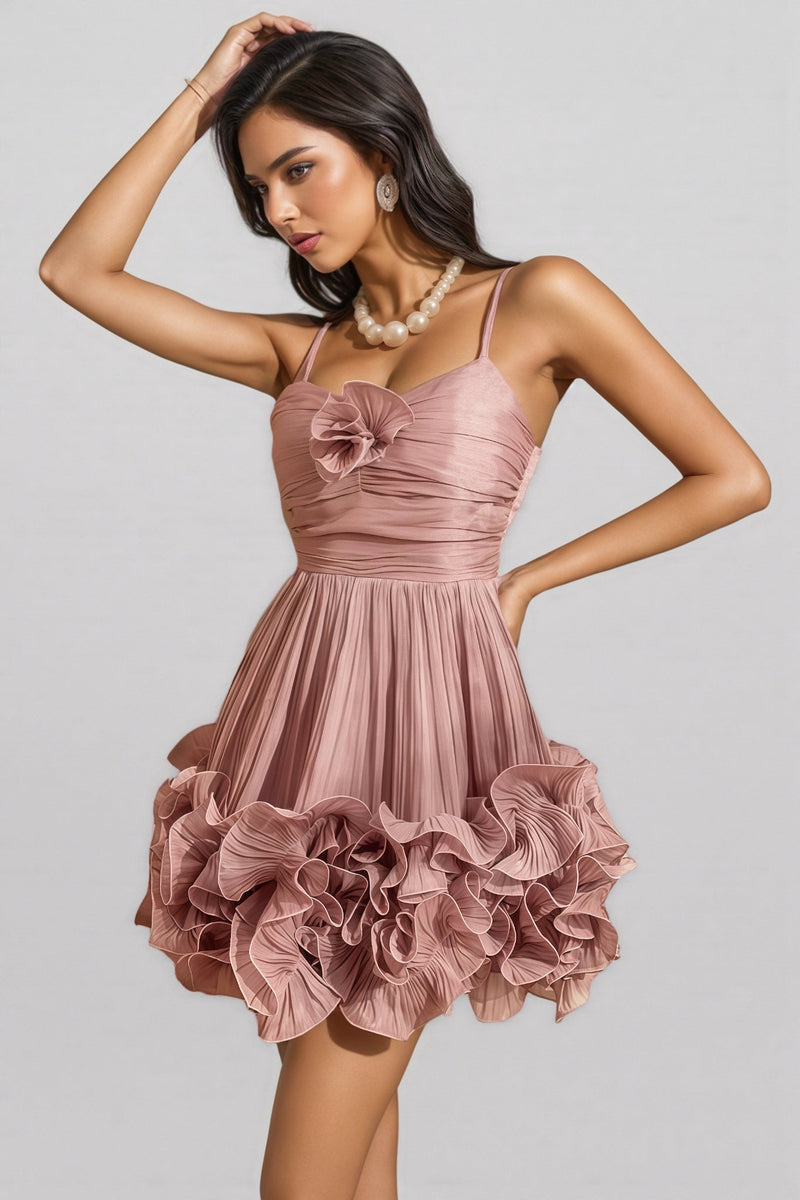 Kynlla Pink Spaghetti Flower Ruffle Mini Dress