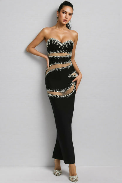 Elioed Black Beading Mesh Bandage Maxi Dress