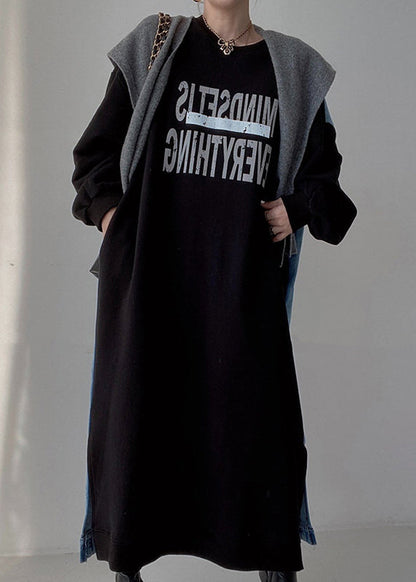 Natural Black Oversized Patchwork Denim Long Dresses Spring Tz018