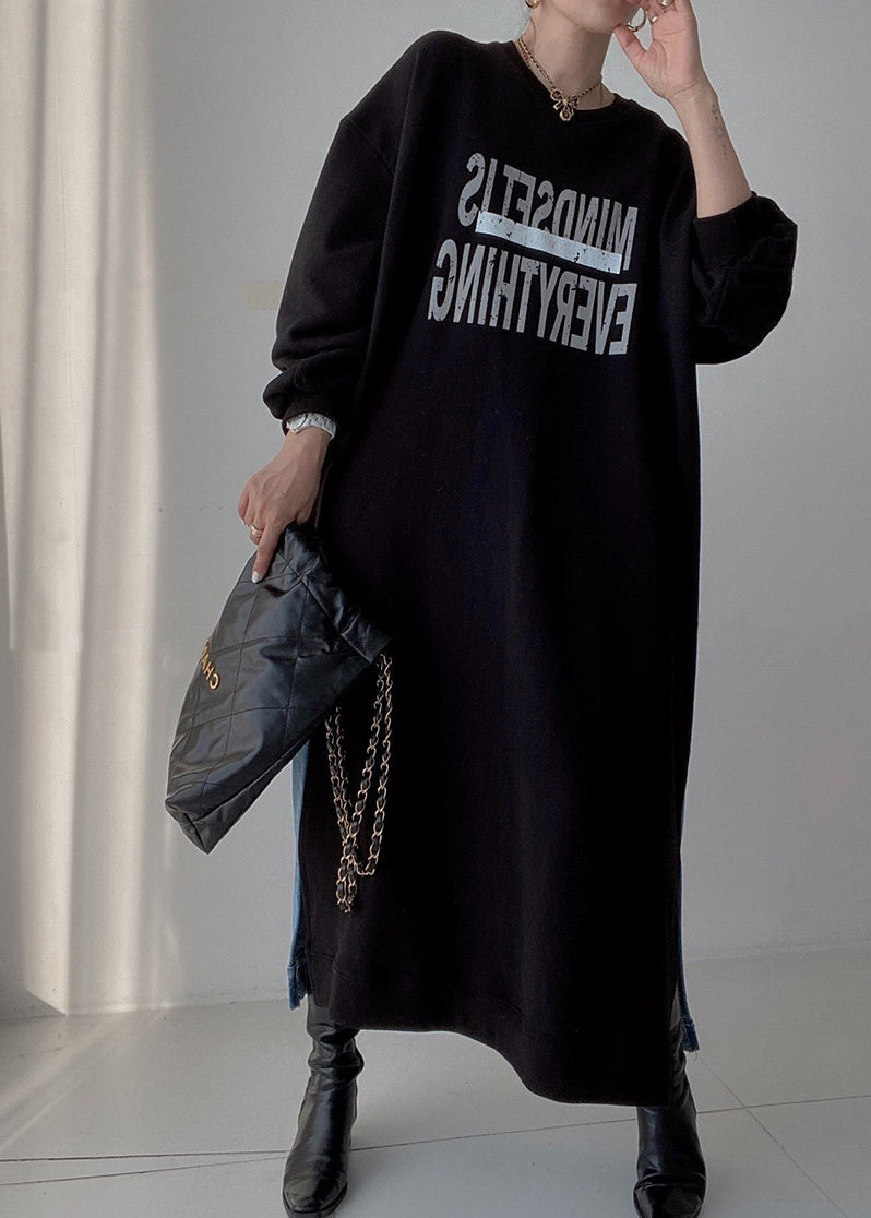 Natural Black Oversized Patchwork Denim Long Dresses Spring Tz018