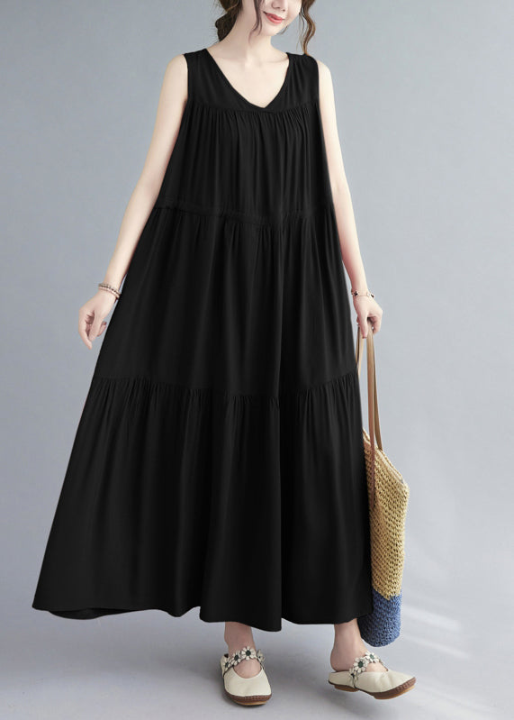 Natural Black Wrinkled Patchwork Long Dress Summer Gh1016