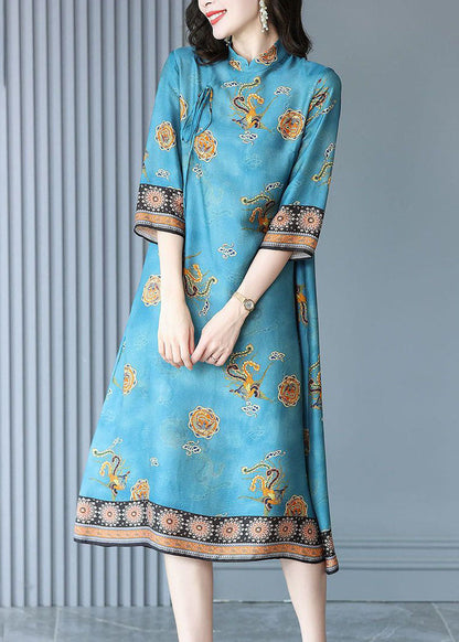 Natural Blue Mandarin Collar Print Silk Long Dress Bracelet Sleeve Fr2015