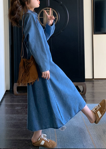 Natural Denim Blue Peter Pan Collar Zippered Patchwork Long Dress Fall Wz025