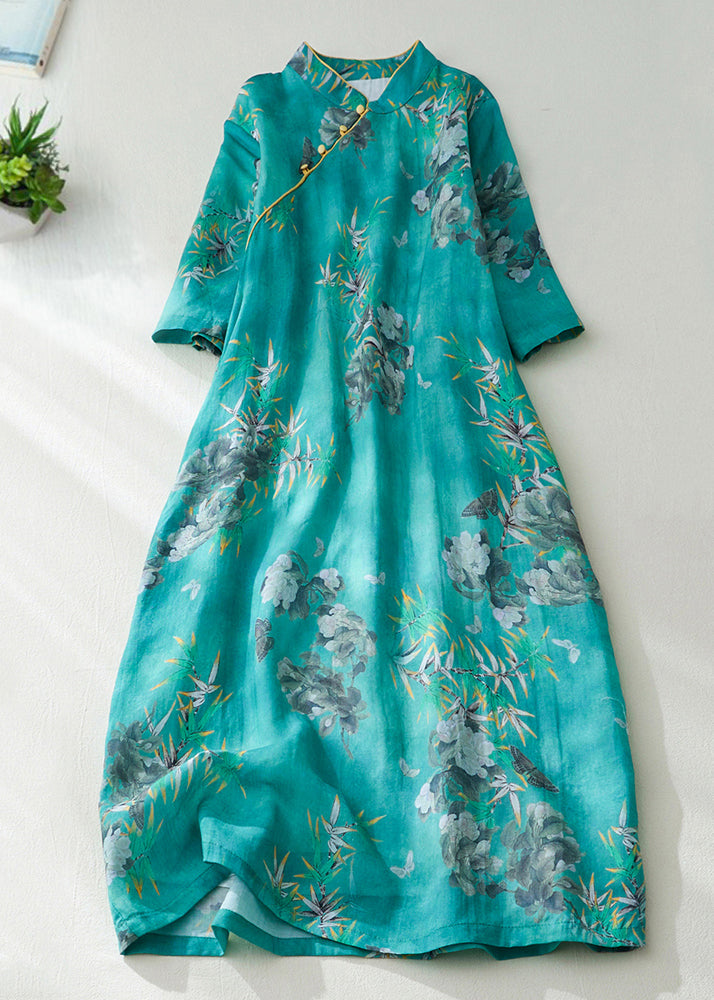 Natural Green Stand Collar Print Button Long Dress Short Sleeve Vv082