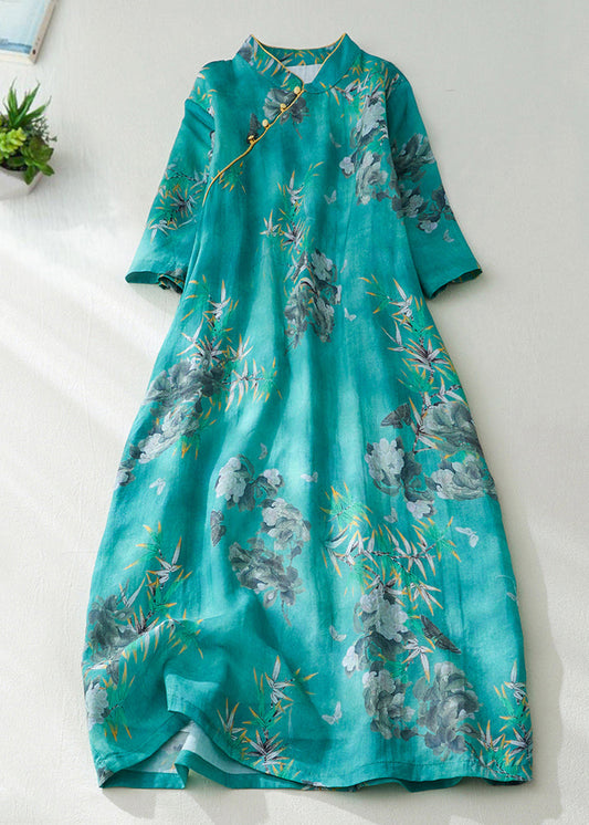 Natural Green Stand Collar Print Button Long Dress Short Sleeve Vv082